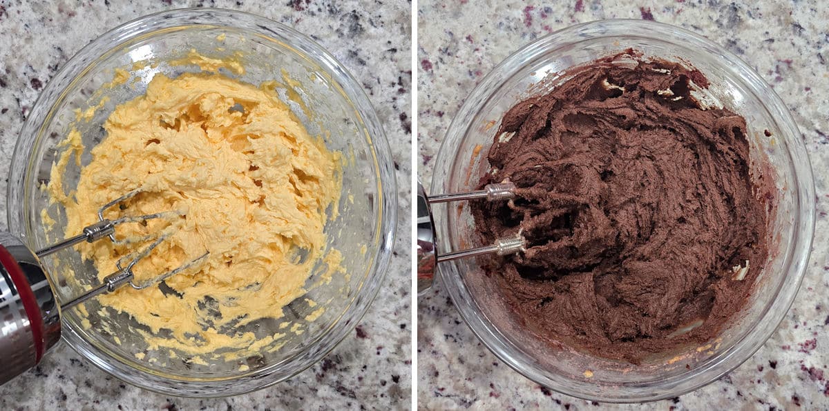 Making Dutch cocoa cookie dough in a glass bowl.