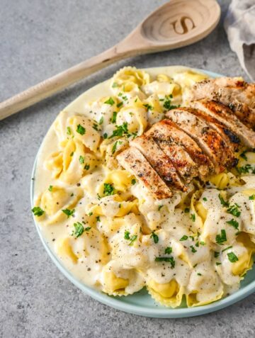 Sliced chicken on top of tortellini tossed in a creamy sauce.