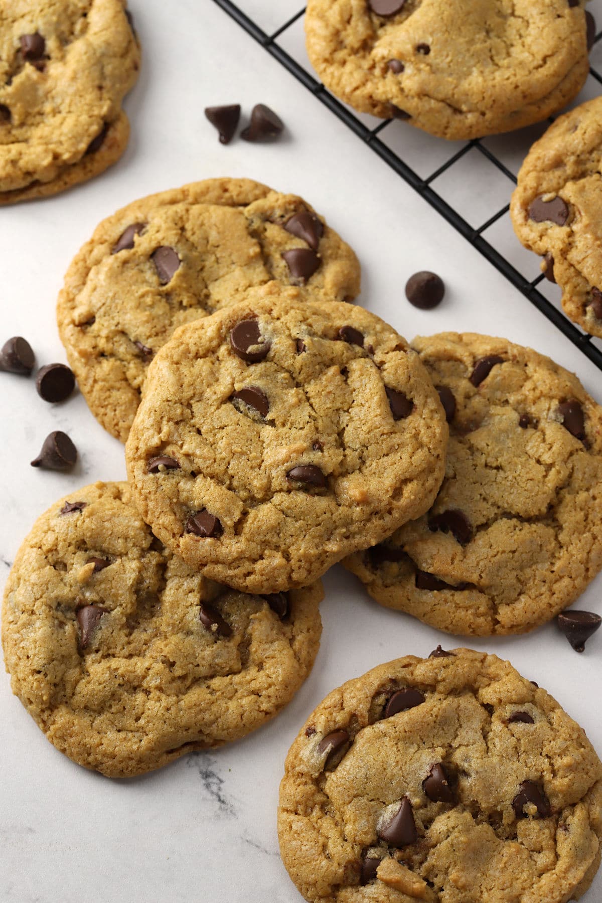 A stack of chocolate chip cookies.