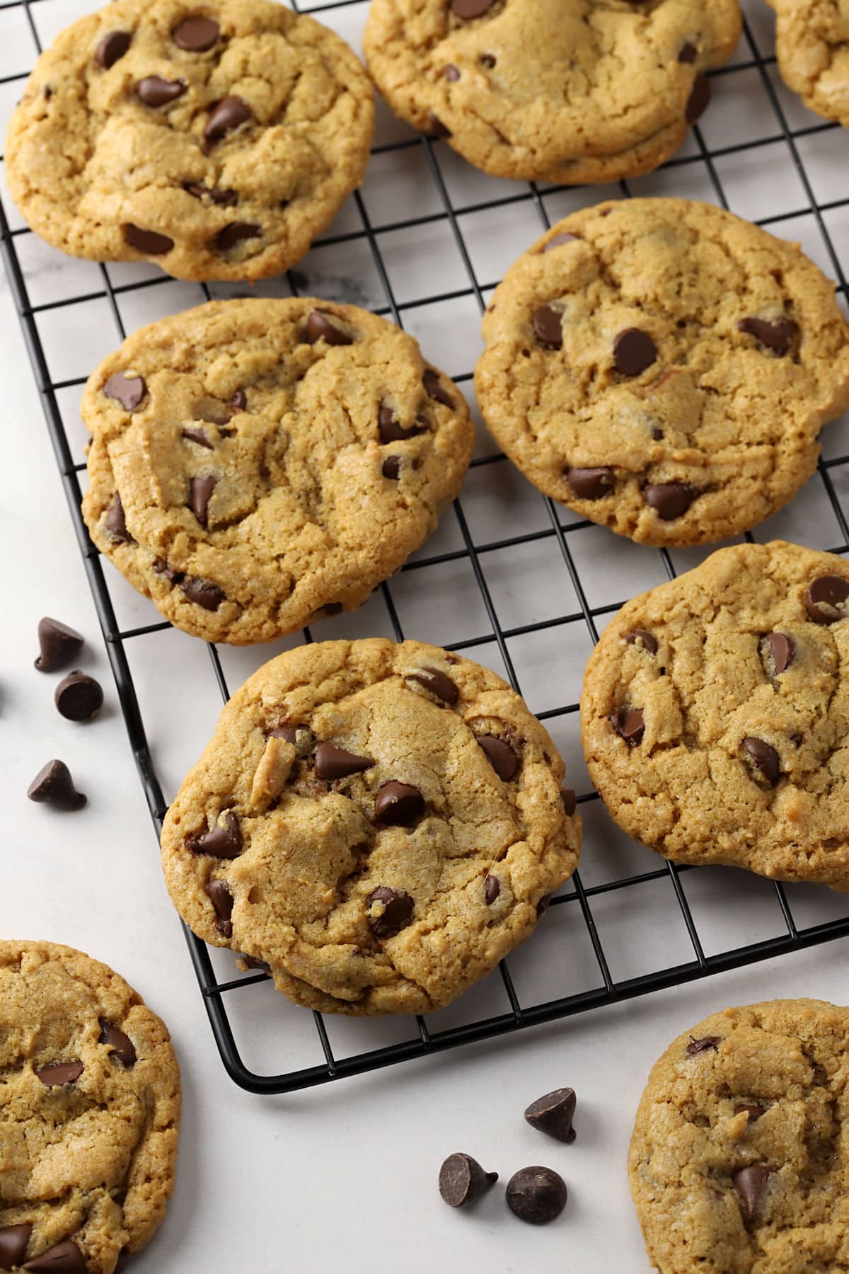 Chocolate chip cookies on a cooling rack.