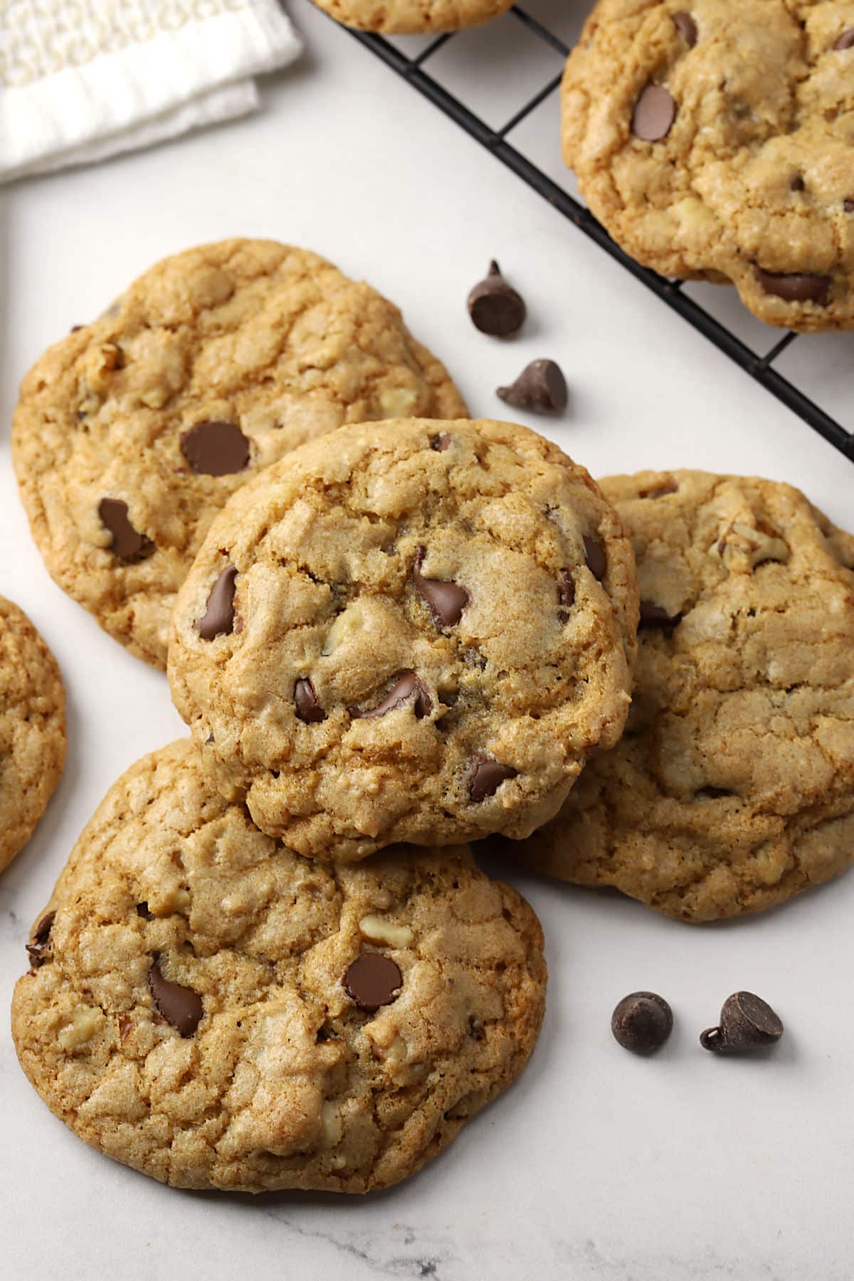 A stack of chocolate chip cookies.