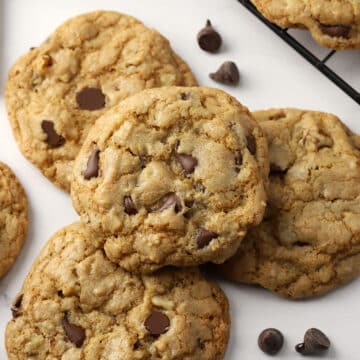 A stack of chocolate chip cookies.
