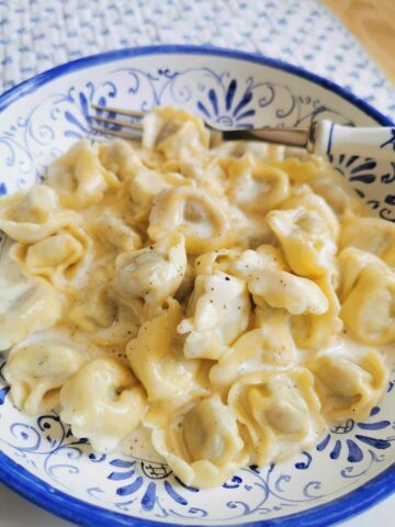 A bowl of creamy tortellini.