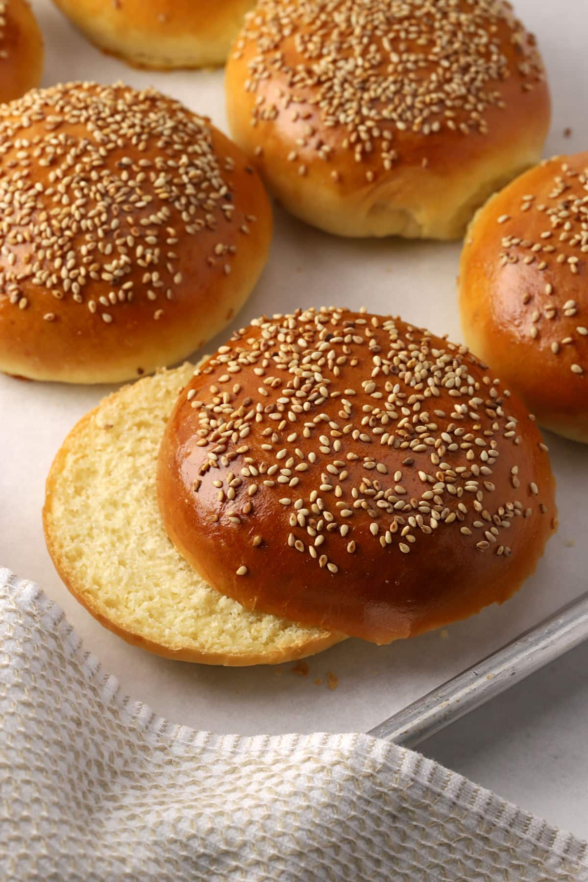 Sliced hamburger buns.