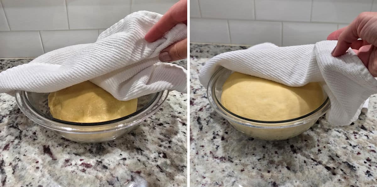 Hamburger bun dough rising in a bowl.