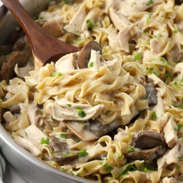 Close up of chicken and noodles in a saute pan.