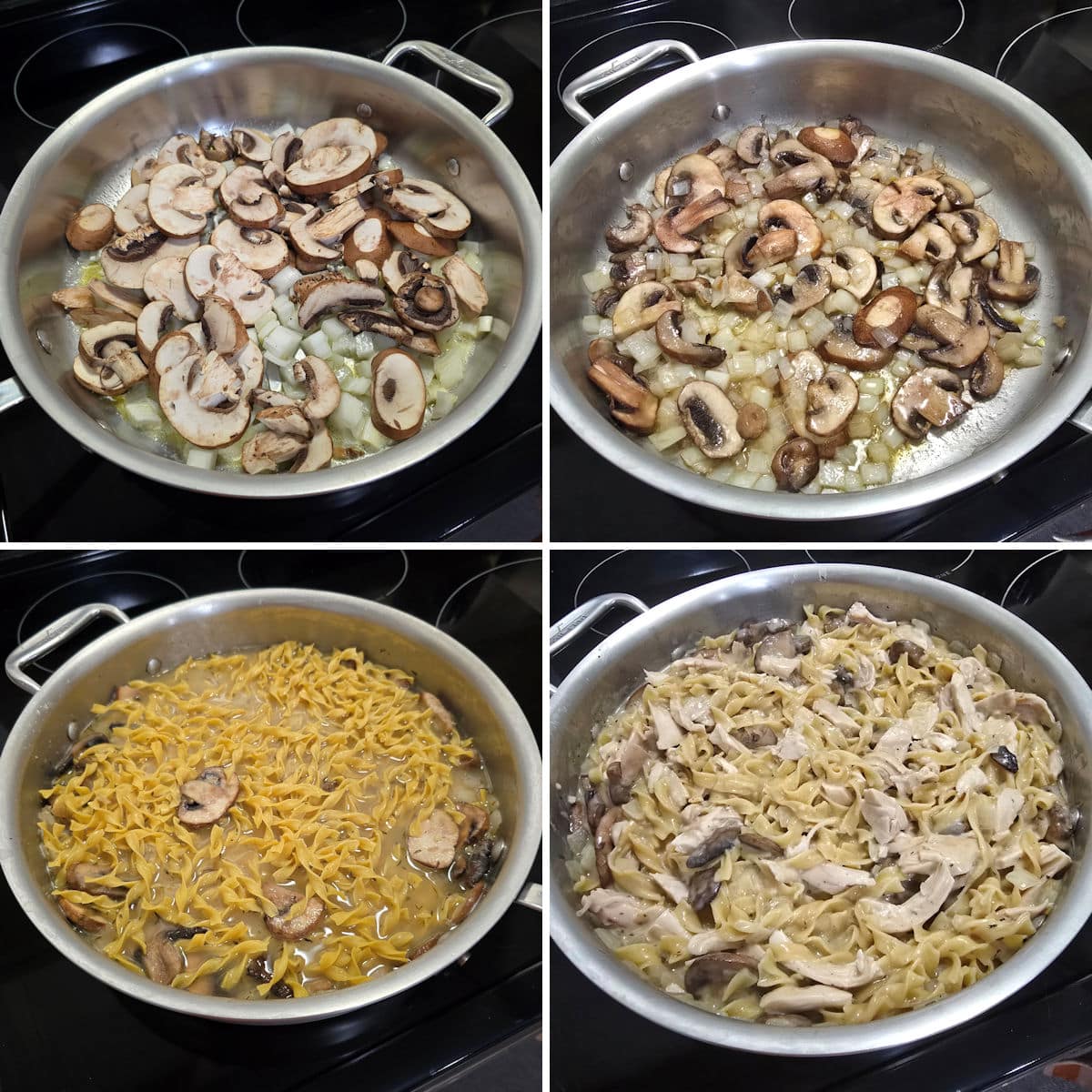 Making chicken and noodles in a saute pan on the stovetop.