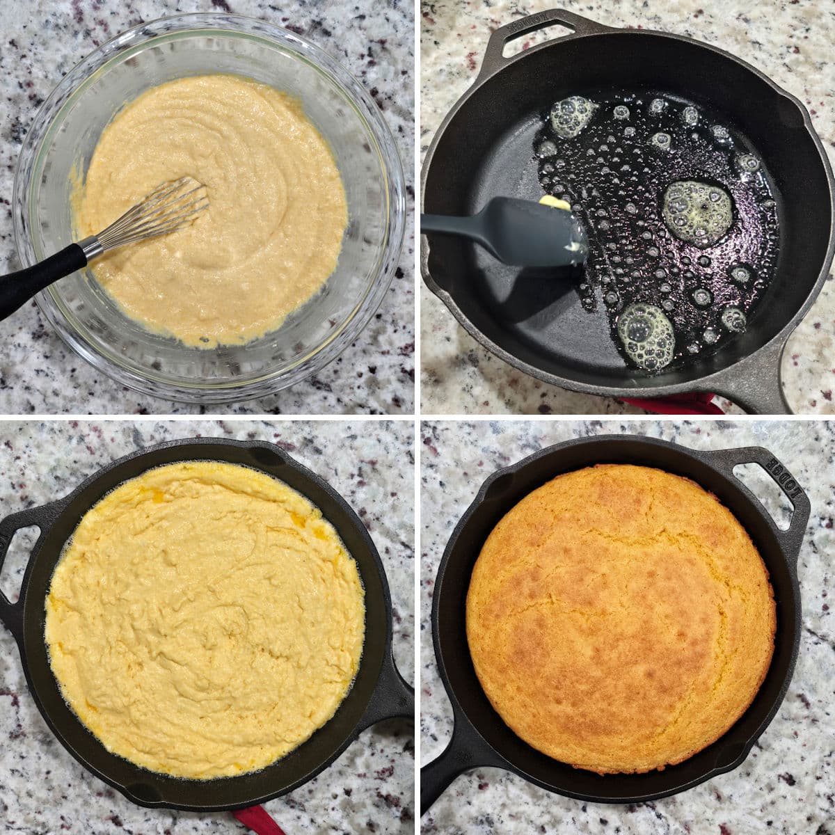 Making cornbread in a cast iron skillet.
