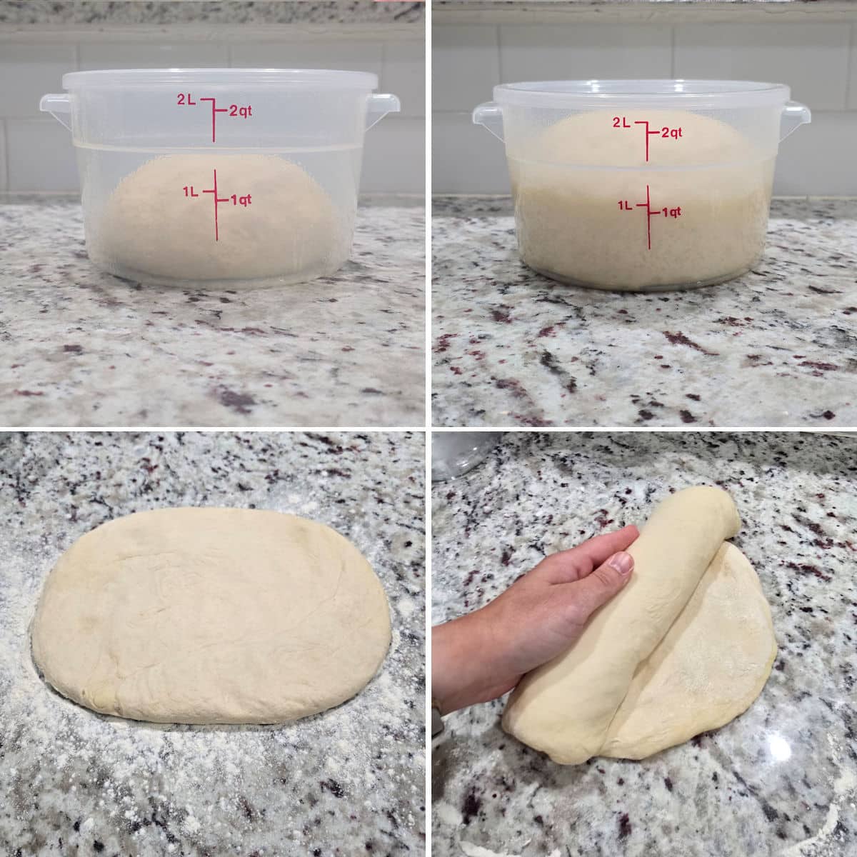 Overnight sandwich bread dough rising and shaping.