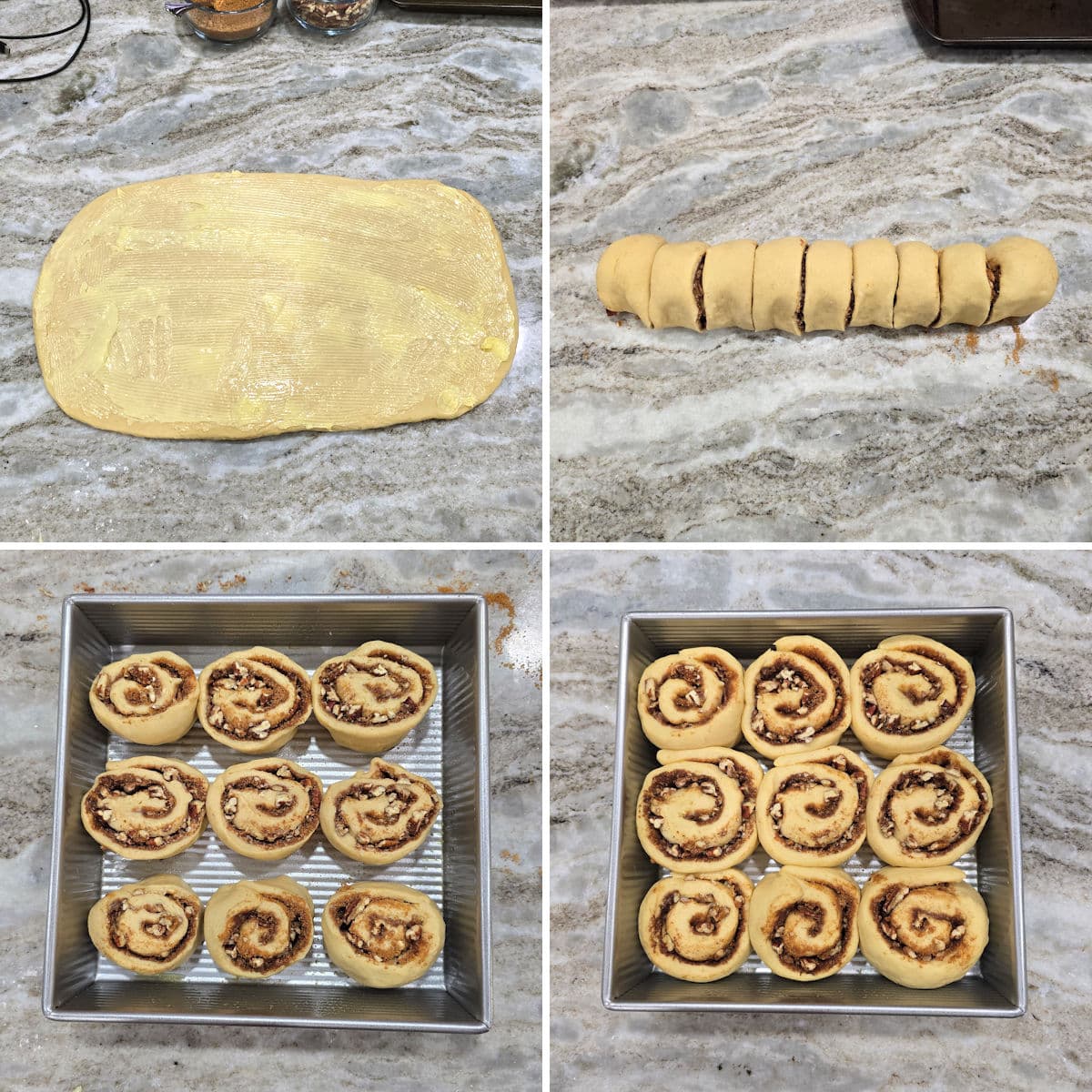 Assembling cinnamon rolls.