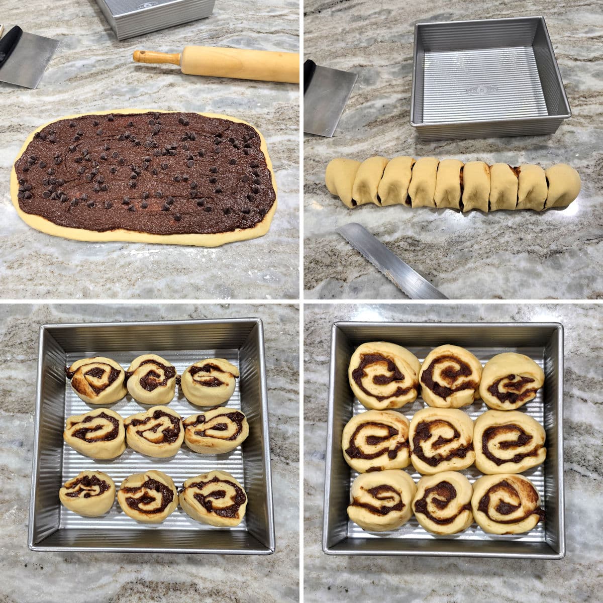 Assembling s'mores cinnamon rolls.