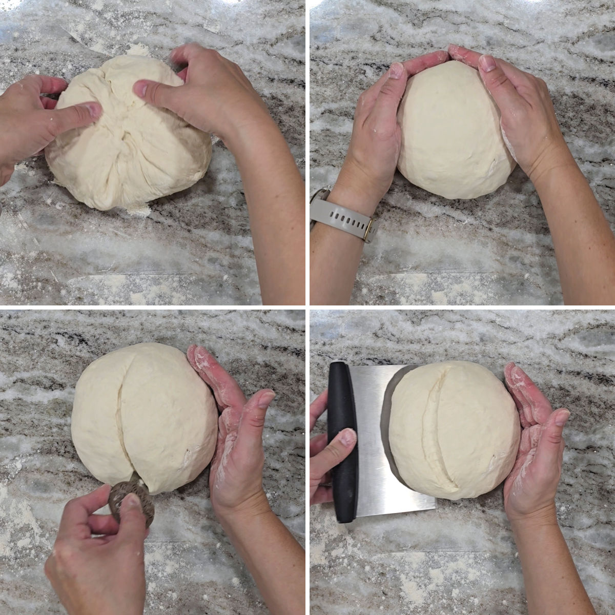 Forming a ball of dough into a round loaf.