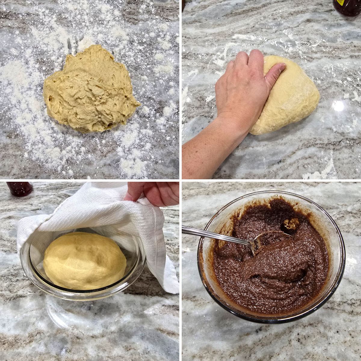 Kneading cinnamon roll dough.
