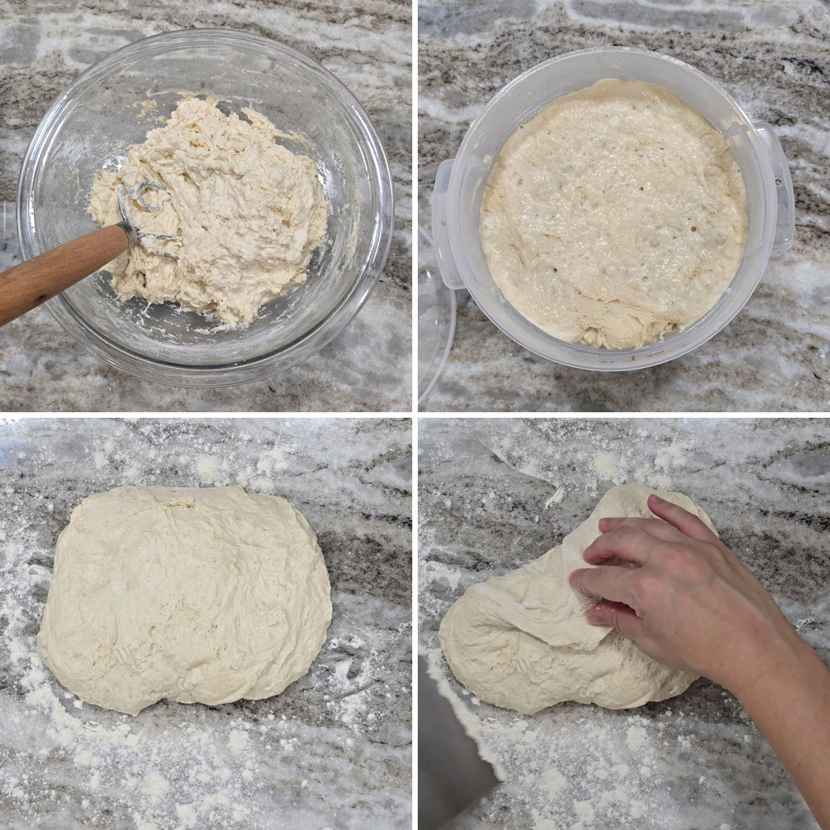 Mixing bread dough in a bowl.