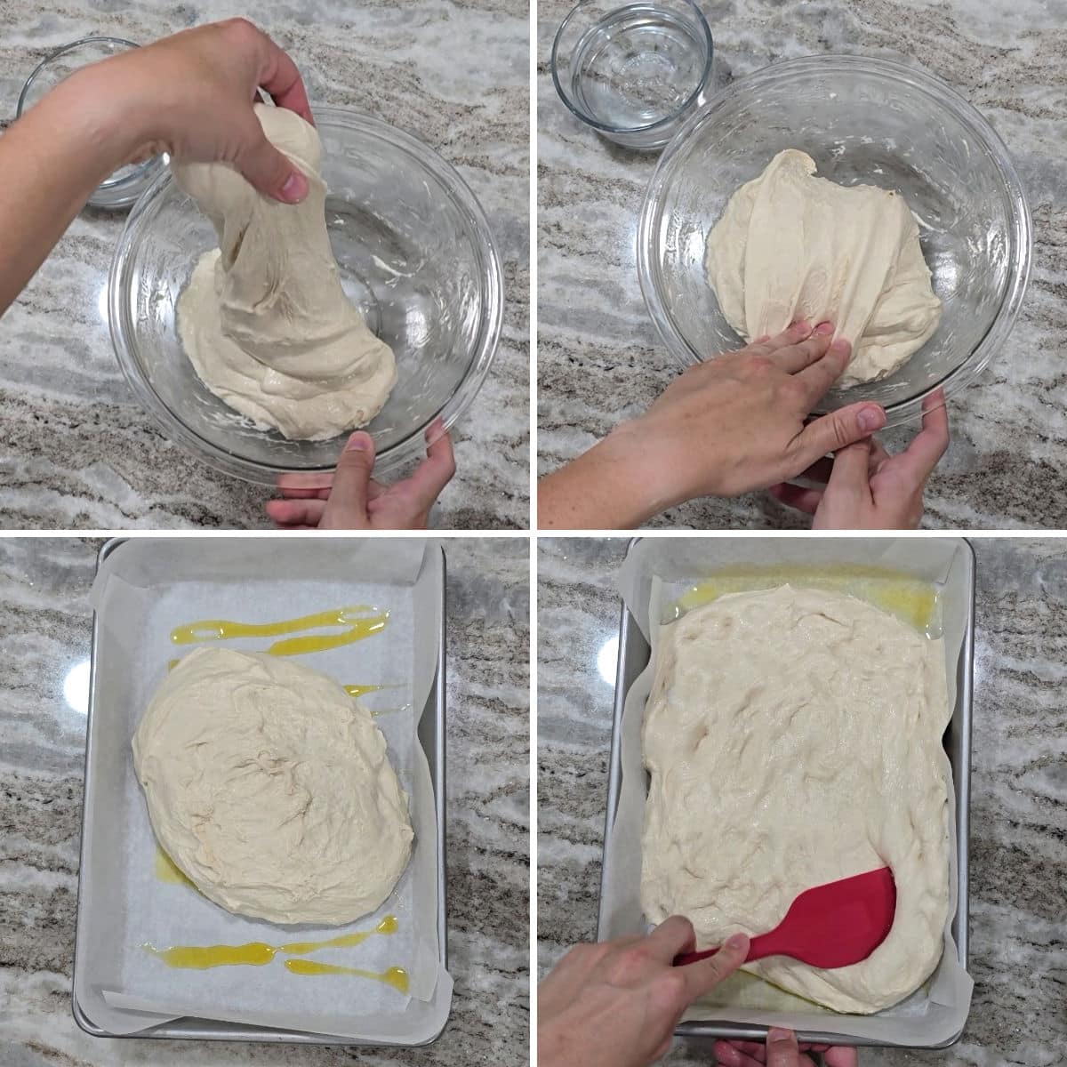 Stretching and folding focaccia.