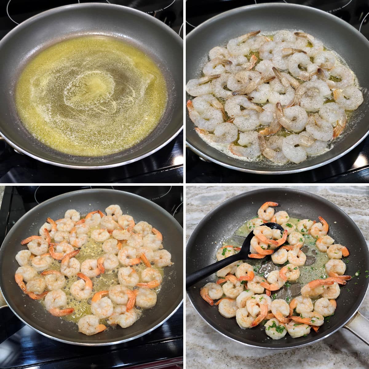 Shrimp cooking in a large skillet.