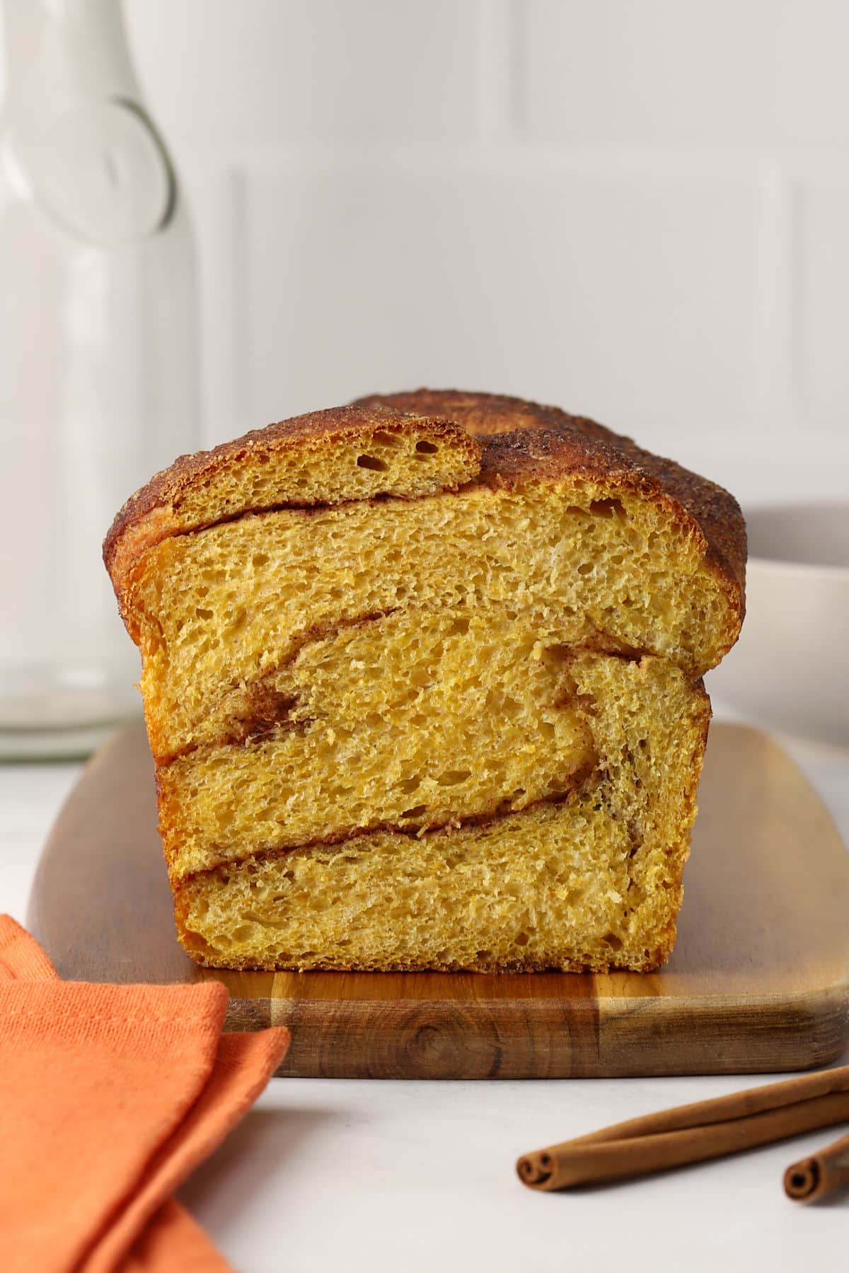 A sliced loaf of babka displaying the layers.