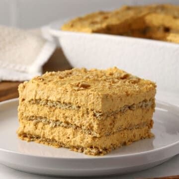 A slice of pumpkin icebox cake on a plate.